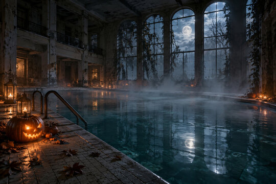 Abandoned Gothic Indoor Pool at Night with Full Moon, Glowing Candles, and Mystical Foggy Water, Eerie Haunted Swimming Pool with Atmospheric Mist, Moonlight Through Arch Windows, and Candlelight Deca