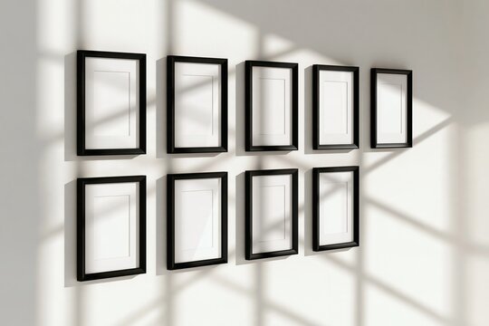 Multiple black picture frames arranged on a white wall with natural light shadow patterns