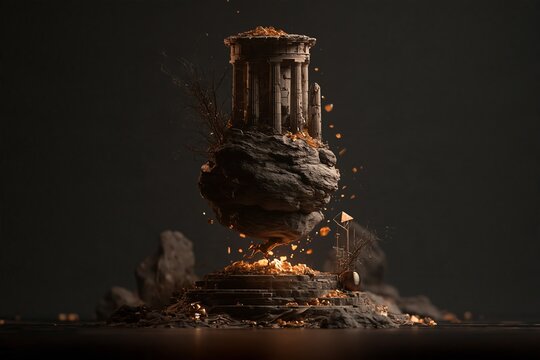 Surreal levitating ancient temple ruin floating in dark space with glowing particles and debris