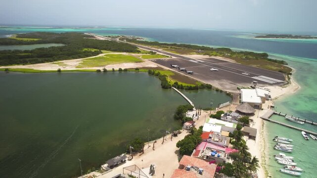 Aerial view of Los Roques airport in the Caribbean, Venezuela.
