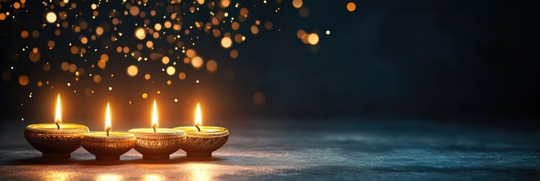 Elegant Diwali oil lamps arch with glowing flames on a dark navy background. Warm lights contrast against the night, creating a festive celebration scene.