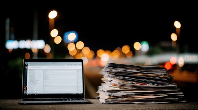 A towering stack of paper files sits beside a laptop displaying structured spreadsheets. This ultra-realistic office image captures the shift from paperwork chaos to digital productivity.