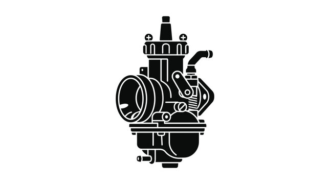 Detailed mechanical carburetor component silhouette graphic.