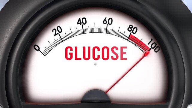 Glucose meter that is hitting a full scale, increasing and high levels of glucose, potential overload. Maximum glucose value, off the charts.