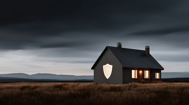 A cozy house at dusk glows warmly, guarded by a luminous shield symbol. This cinematic scene illustrates home protection and property insurance security.