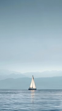A luxury sailing yacht drifts on calm open sea beneath a vast minimal sky. Serene water reflects soft blue tones, evoking elegance, solitude, and refined freedom.