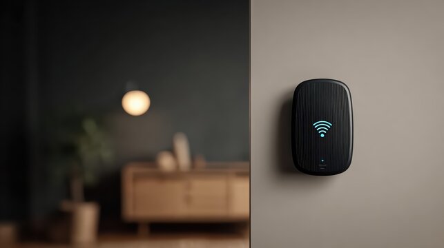 A modern wall-mounted Wi-Fi router glows with a blue signal icon in a stylish contemporary living room. Ultra realistic smart technology enhances home connectivity.