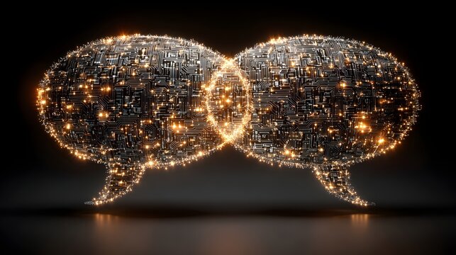 Glowing digital speech bubble made of circuit board patterns representing smart communication and AI chat.