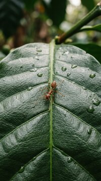 Small red ant walking on a vibrant green coffee leaf with water droplets