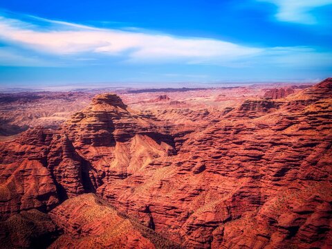 Panoramic scenery of Pingshanhu Grand Canyon in Zhangye Gansu, stratified red danxia canyon landform