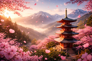 Obraz premium Traditional Japanese Pagoda Temple in Spring Cherry Blossom Mountain Valley