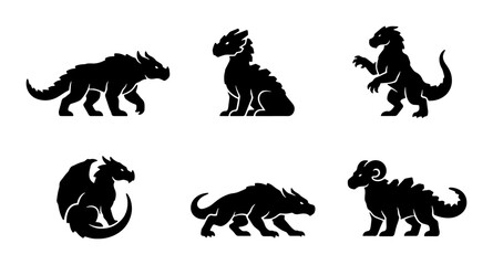 Fototapeta premium Mythical Dragon Silhouettes, Fantasy Creature Icons, Ancient Beast Vector Set, Legendary Monster Graphics