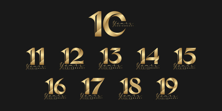 Luxury Gold 10 to 19 Years Anniversary Number Collection on Black Background
