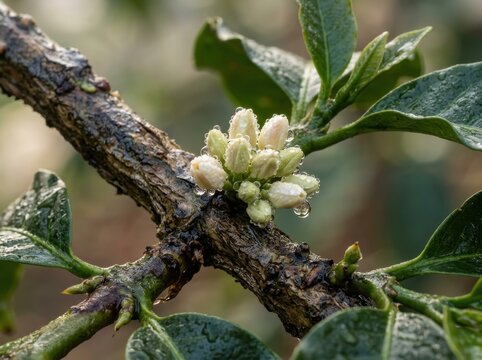 Coffee branch with delicate white flower buds covered in fresh morning dew drops