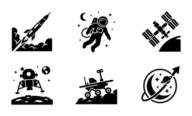 Space Exploration Icons: Rocket Launch, Astronaut, Space Station, Lunar Lander, Rover, Planets © Zarin