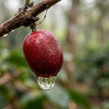 Red coffee cherry with a large dew droplet hanging from a branch