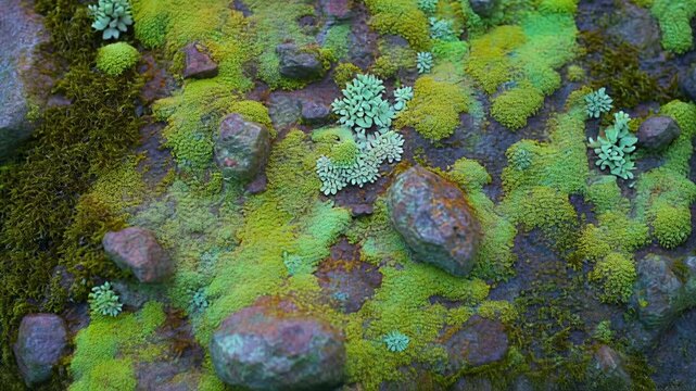 Close-up textured moss and lichen growing on rocks with cinematic slow camera pull back during soft diffused daylight