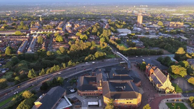 Aerial video of Oldham Way Dual Carriageway and King Street Area at Sunrise in Greater Manchester. 