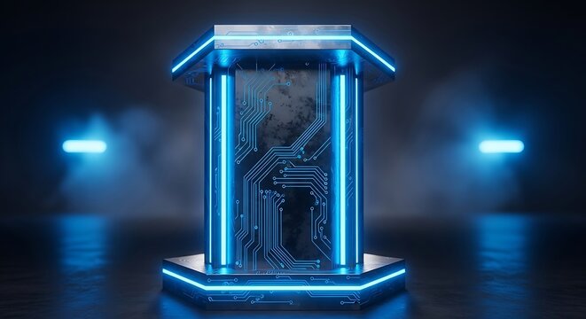 Futuristic digital podium with glowing blue neon circuits futuristic stand neon lights high tech