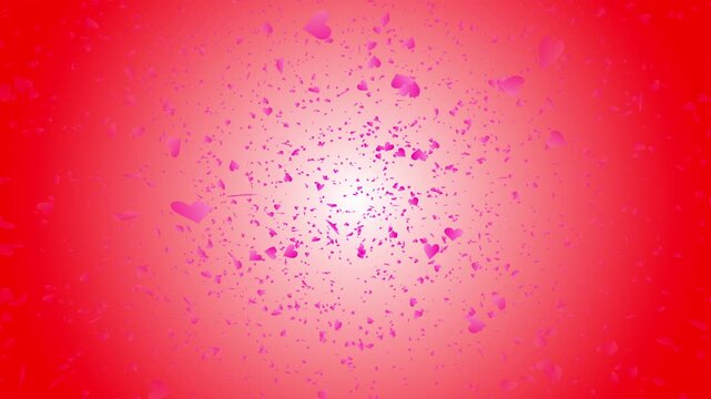 Pink heart shapes falling down or flying away on red gradient background. Abstract background for Happy Valentine's day and wedding ceremony.