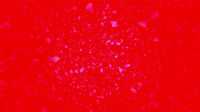 Pink heart shapes falling down or flying away on red background. Abstract background for Happy Valentine's day and wedding ceremony.