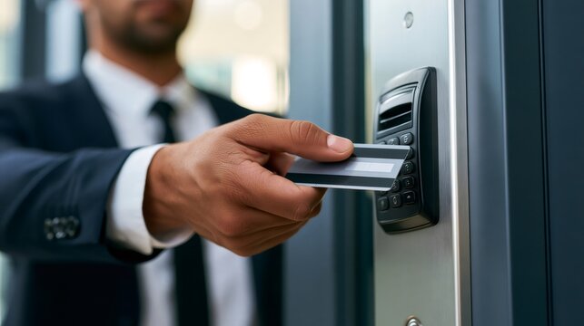 Businessman scanning smart card for building access control