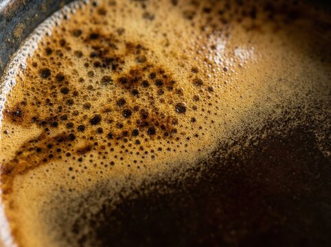 Close up of rich dark brown espresso crema with small bubbles in a ceramic cup