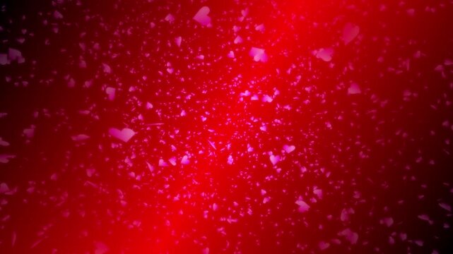 Pink heart shapes falling down or flying away on red background. Abstract background for Happy Valentine's day and wedding ceremony.