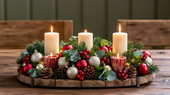 Christmas advent centerpiece with candles and festive decorations