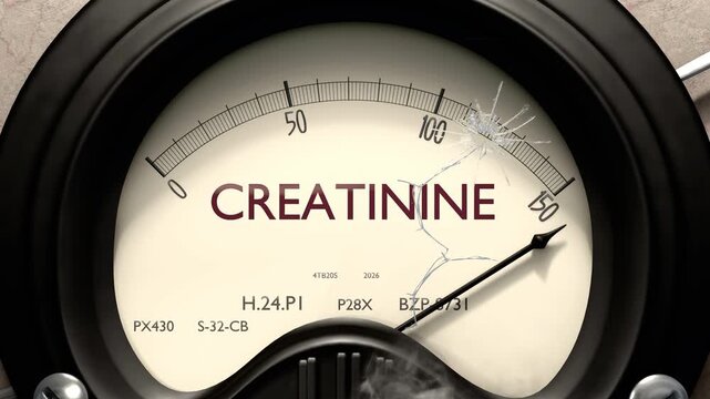 Creatinine meter showing big levels of creatinine. Dangerously increasing high values of creatinine, critical overload. Too much, off the charts. Max creatinine