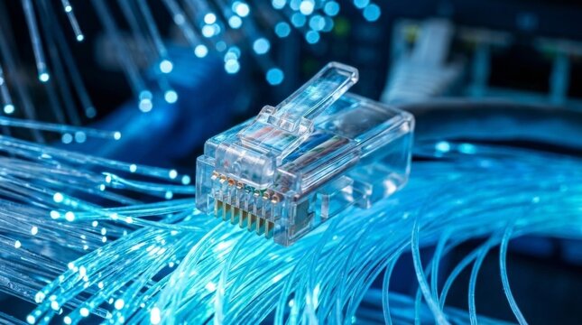 A clear ethernet connector rests upon a bright field of glowing blue fiber optic strands against a dark technological background, symbolizing high-speed internet connectivity