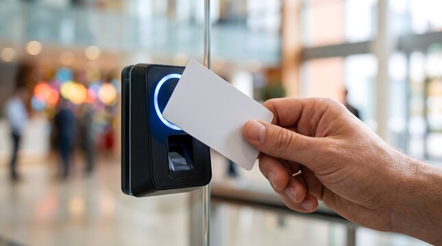 Hand scanning a blank white RFID card on an electronic door reader with blue light in a modern corporate building for office security and access control concept.