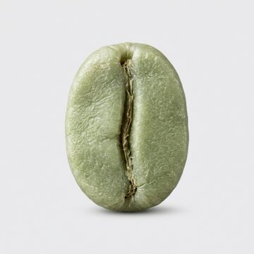 Single green coffee bean in closeup against a neutral background