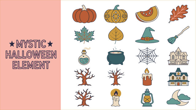 Halloween icons set. Mystic autumn holiday vectors isolated on White Background. Illustrations