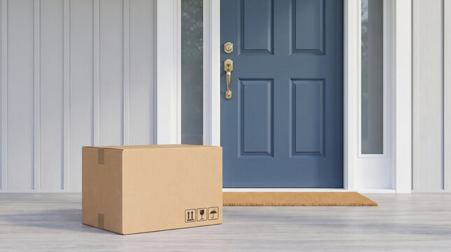 Delivery package doorstep ecommerce cardboard box blue door home entrance. Logistic shipping shipment distribution. courier parcel service, client home order purchase convenience