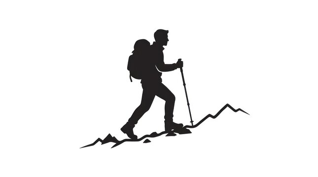 Silhouette of a hiker with backpack walking uphill on mountain path