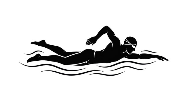 Silhouette swimmer performing freestyle stroke in water with waves