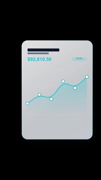 3D animation of hand cursor swiping left a financial analytics dashboard card on transparent background. Interactive bar and line chart carousel for fintech UI.
