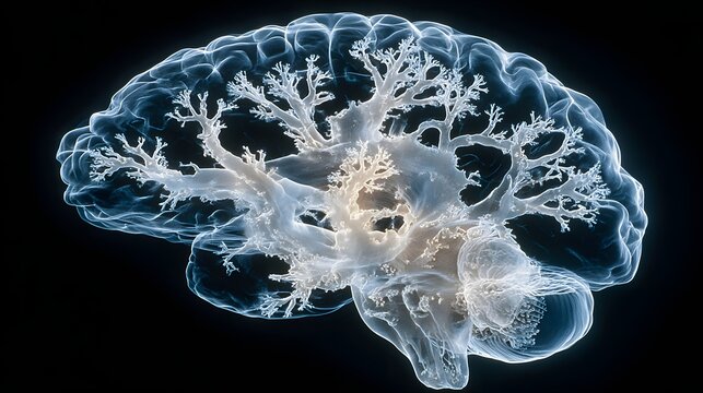 Glowing translucent human brain scan showing neural networks and tree-like branching pathways on dark background.
