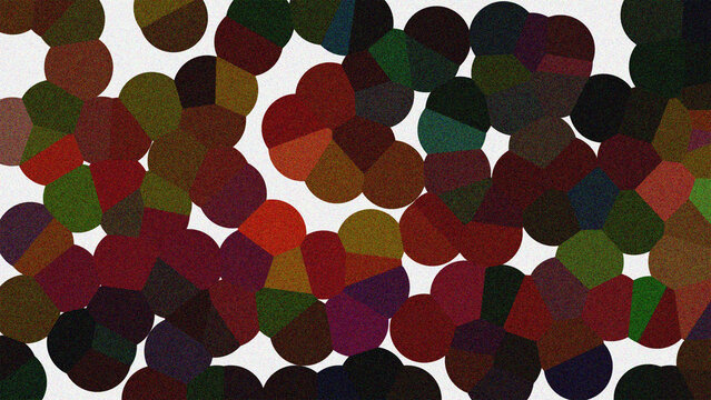 Abstract background with overlapping dark circles and colorful spots in red green and brown