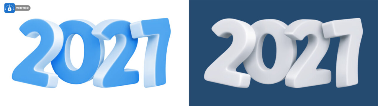 2027 New Year numbers for Christmas and New Year greetings. 3d realistic white and light blue plastic numbers 2027. For web design, print, calendar, advertise, e.t.c. Isolated vector illustration