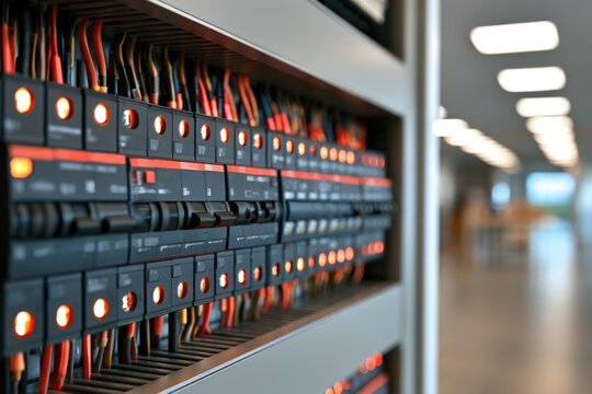 Rows of circuit breakers glow with warm red light