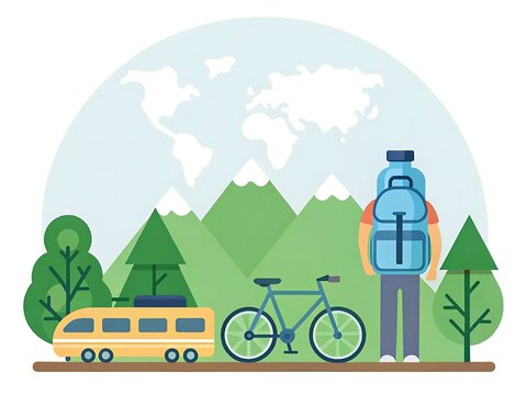 Traveler with backpack bicycle and train silhouette set against mountain landscape and world map backdrop backpacker mountain transport