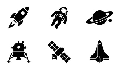 Space Icons Set: Rocket, Astronaut, Planet, Lander, Satellite, Shuttle Vector Graphics © Diganto