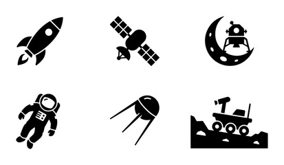 Space Icons Set: Rocket, Astronaut, Satellite, Moon Lander, Rover, Sputnik, Cosmic Exploration Graphics © Diganto