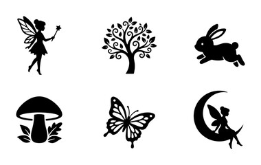 Fototapeta premium Whimsical Fairy Icons, Enchanted Forest Elements, Magical Creature Silhouettes, Vector Graphics Set