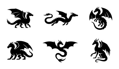 Fototapeta premium Dragon Silhouettes, Mythical Creatures Vector Icons, Fantasy Beast Graphics, Black Legend Art