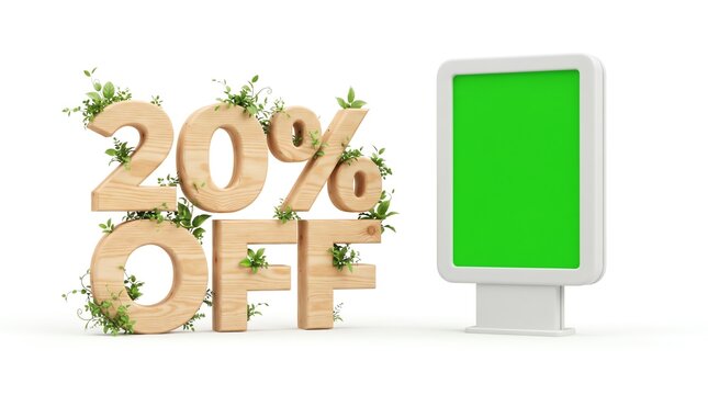 Wooden 20 percent off sign with green plants, eco-friendly discount promotion, blank green screen billboard mockup on white background
