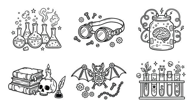 Set of handdrawn steampunk and mad scientist laboratory elements