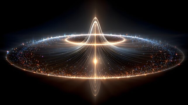 Glowing particle ring surrounding a central light peak depicting quantum physics energy field concept.